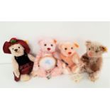 FOUR STEIFF TEDDY BEARS all in mohair and with paper tags, comprising Girl 23 holding a tennis