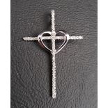 DIAMOND SET CROSS PENDANT with central heart detail, in unmarked white gold, 3.2cm high