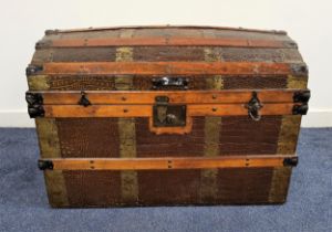 VINTAGE DOME TOP TRUNK with elm banding and a crocodile effect covering, with side carrying handles,