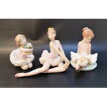 THREE LLADRO BALLERINA FIGURINES comprising Rosy Posey - number 6690; a kneeling girl with flowers