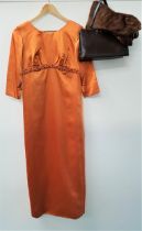 1950s SATIN EVENING GOWN with pleated detail to the chest, in burnt orange satin, a Dido of