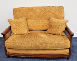 ERCOL BERGERE SOFA in elm with caned side panels, back, seat and scatter cushions in yellow