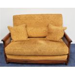 ERCOL BERGERE SOFA in elm with caned side panels, back, seat and scatter cushions in yellow
