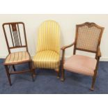 EDWARDIAN MAHOGANY AND INLAID SIDE CHAIR with a pierced back above a padded seat, a walnut caned