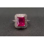 RUBY AND DIAMOND CLUSTER RING the created ruby approximately 2.5cts in surround set with small