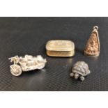 SELECTION OF SILVER ITEMS comprising a Continental silver gilt pill box, a silver motorcycle