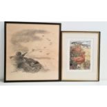 HAROLD WIBERG Duck shooting, print, 52cm x 48.5cm, together with T.J.Greenwood, red grouse in