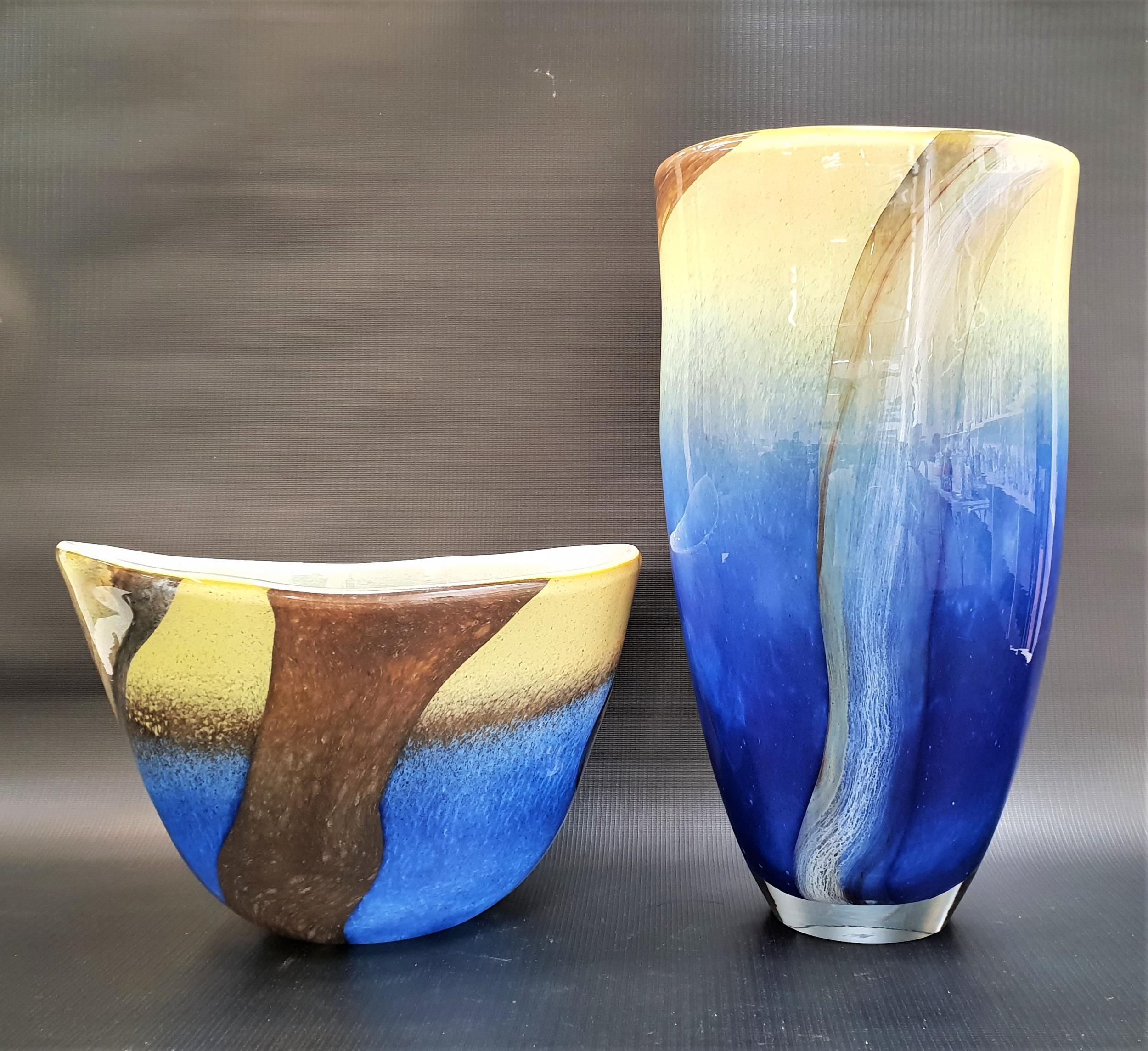 TWO ART GLASS VASES both in blue and yellow glass, one 41cm high the other 21cm high, both