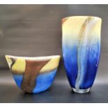 TWO ART GLASS VASES both in blue and yellow glass, one 41cm high the other 21cm high, both