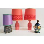 MALING LUSTRE TABLE LAMP with a blue ground and floral decoration, 24cm high, a Barbara Davidson