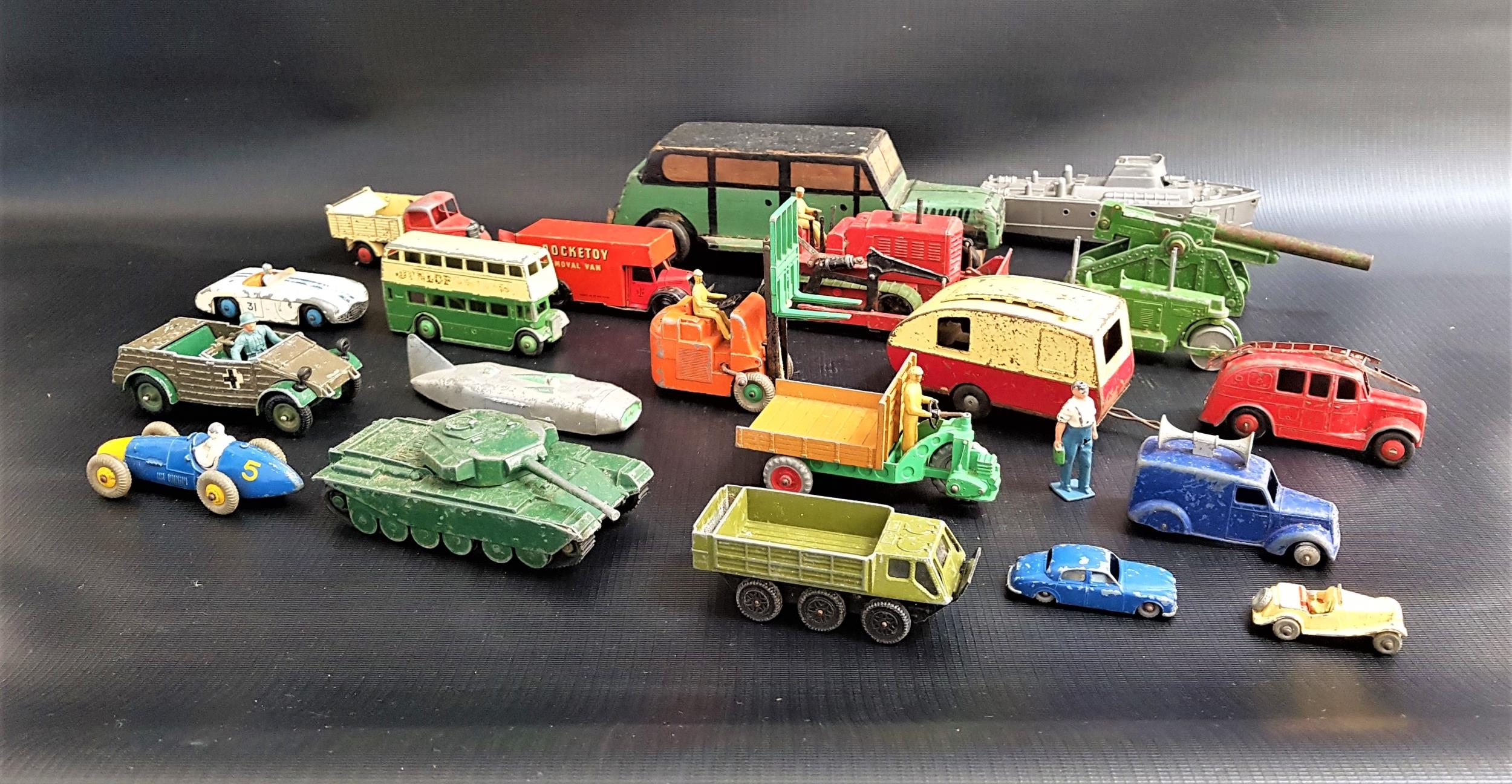 SELECTION OF VINTAGE DIE CAST VEHICLES including Dinky Blaw Knok bulldozer, Motocart, Dunlop bus,