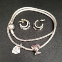 PANDORA MOMENTS SILVER SNAKE CHAIN NECKLACE with two charms; and a pair of Pandora pave double