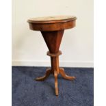VICTORIAN WALNUT TRUMPET GAMES AND SEWING TABLE with a circular inlaid chess board top opening to