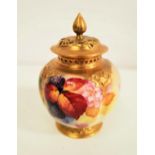 ROYAL WORCESTER POT POURRI VASE AND COVER of bulbous form, decorated with fruit and foliage by Kitty