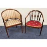 EDWARDIAN MAHOGANY AND INLAID HOOP BACK BEDROOM CHAIR with a padded back and shaped padded seat,