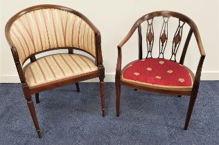 EDWARDIAN MAHOGANY AND INLAID HOOP BACK BEDROOM CHAIR with a padded back and shaped padded seat,