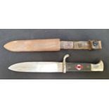 WWII GERMAN HITLER YOUTH KNIFE with a chequered grip inset with a swastika, the 14cm long blade