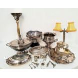 LARGE SELECTION OF SILVER PLATE including an ice bucket on stand, large pie crust tray, two lidded