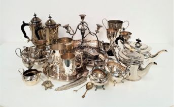 LARGE SELECTION OF SILVER PLATE including tea and coffee pots, tankards, jewellery box, three branch