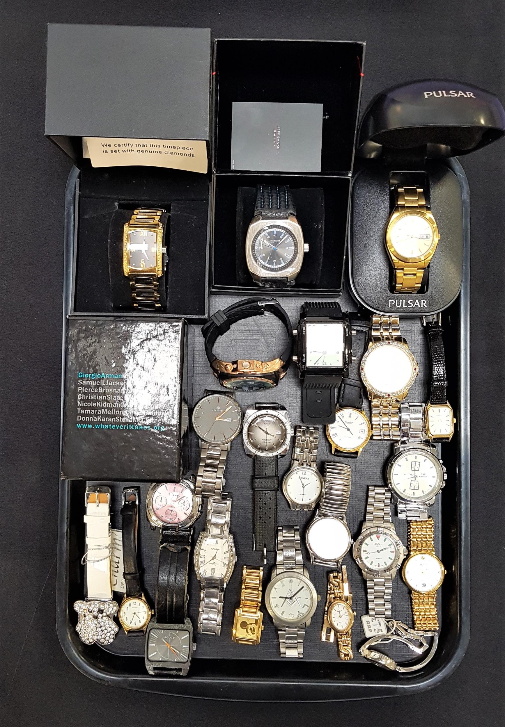 SELECTION OF LADIES AND GENTLEMEN'S WRISTWATCHES four in boxes, makes include Pulsar, Jeff Banks,