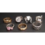 SELECTION OF SEVEN SILVER RINGS including stone set examples, bands and statement rings (7)