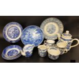 LARGE SELECTION OF BLUE AND WHITE CHINA including Ridgway Jacobean tea pot, six cups and saucers,