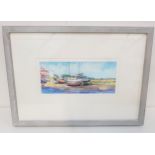 CAROL SCOULLER Beached boats, Santa Luzia, Portugal, watercolour, signed and label to verso, 11.