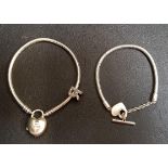 TWO SILVER PANDORA BRACELETS comprising a Pandora Moments heart T-bar snake chain and a Pandora