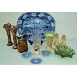 MIXED LOT OF CERAMICS AND GLASSWARE including a pair of lustre glass vases, Victorian lustre pottery