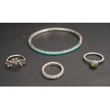 SELECTION OF PANDORA JEWELLERY comprising an August Birthstone ring (old style), a Mint Radiant