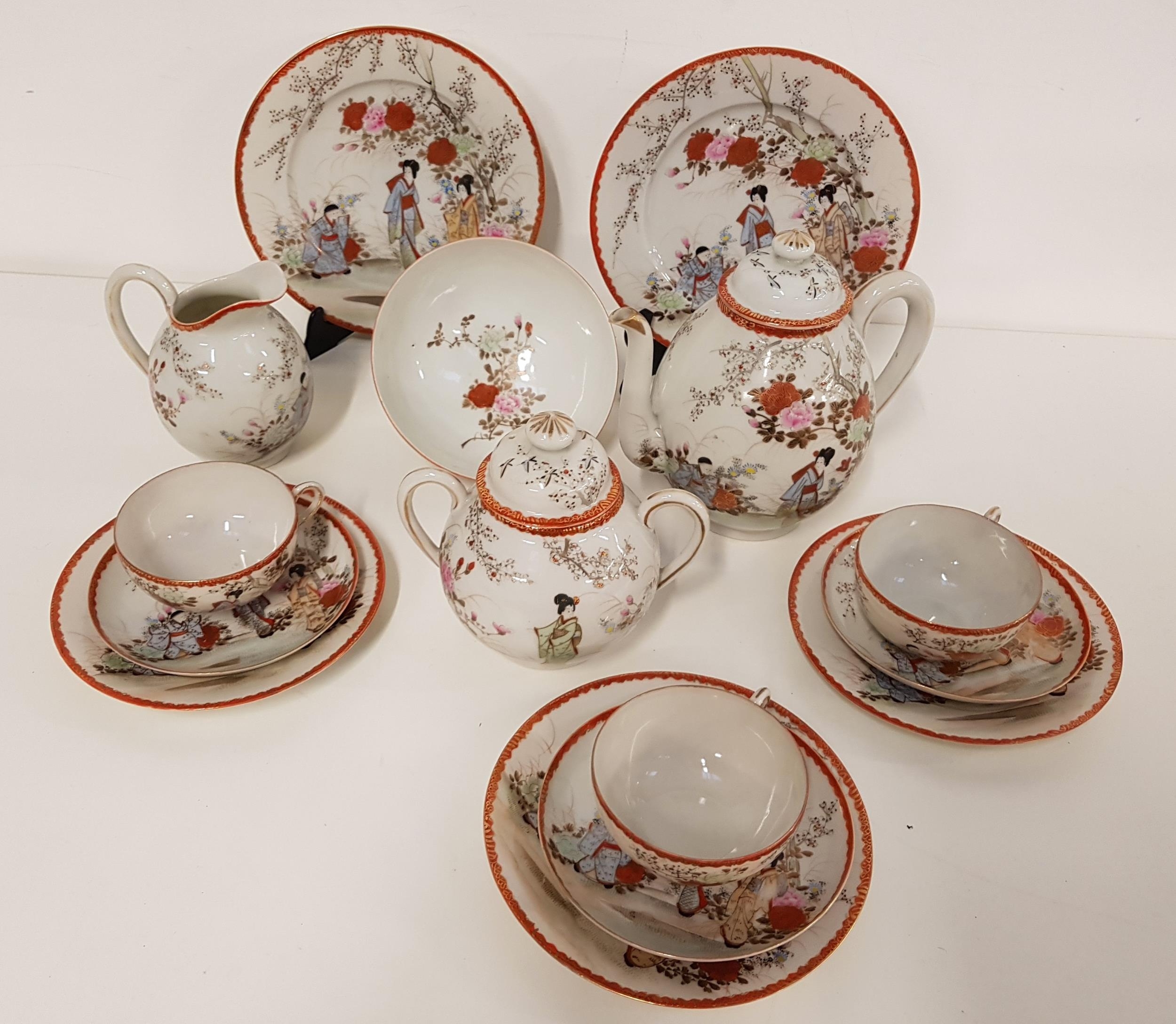 JAPANESE EGG SHELL PORCELAIN TEA SERVICE decorated with figures and cherry blossom, comprising a