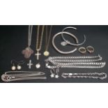 SELECTION OF SILVER JEWELLERY including pendants on chains, pearl drop earrings, neck chains and