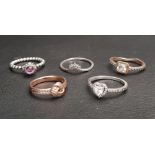 SELECTION OF FIVE PANDORA RINGS comprising a Square Sparkle ring, a Tiara Wishbone ring, an Elevated