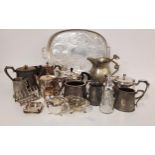 MIXED LOT OF SILVER PLATE including an oval tray, two ashtrays, toast rack, sugar caster, pierced