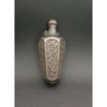 CHINESE UNMARKED SILVER SCENT BOTTLE the hexagonal bottle with panels decorated with flowers, bamboo