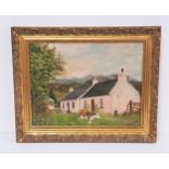 CATHERINE STRANG Shepherds cottage, Wester Ross, oil on board, signed and label to verso, 33.5cm x
