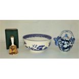 CHINESE BLUE AND WHITE PORCELAIN TEA POT with a fixed handle and a grotesque spout, 17cm high, a