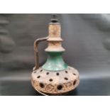 LARGE WEST GERMAN POTTERY TABLE LAMP with a pierced lower section and central green glazed panel and