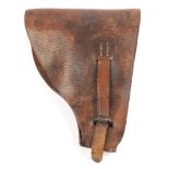 A brown leather holster with two magazine pouches, suitable for a small automatic pistol.