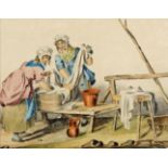 19th century pencil and watercolour studies of stone masons and laundresses at work, a pair, 9" x