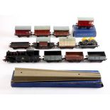 Hornby Dublo 0-6-2T BR gloss black, NR 69567, two flat wagons, brown, one flat wagon grey with cable