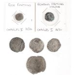 Coins Ireland. A Charles I 'Rose' farthing, 1634, F; a Charles I 'Richmond' farthing, VG; and four