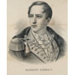 Robert Emmet, two portrait prints. A head and shoulders portrait etching of Robert Emmet in uniform,