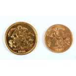 George V half sovereign, 1912; and a 22ct gold replica of a Sovereign, 8g, obverse George V, reverse