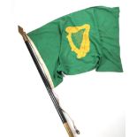 A green parade flag centred with a gold harp, on two-piece, ebonised pole, surmounted with a brass