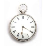 A silver cased English fusee pocket watch, the 42mm white enamel dial with Roman numerals, the