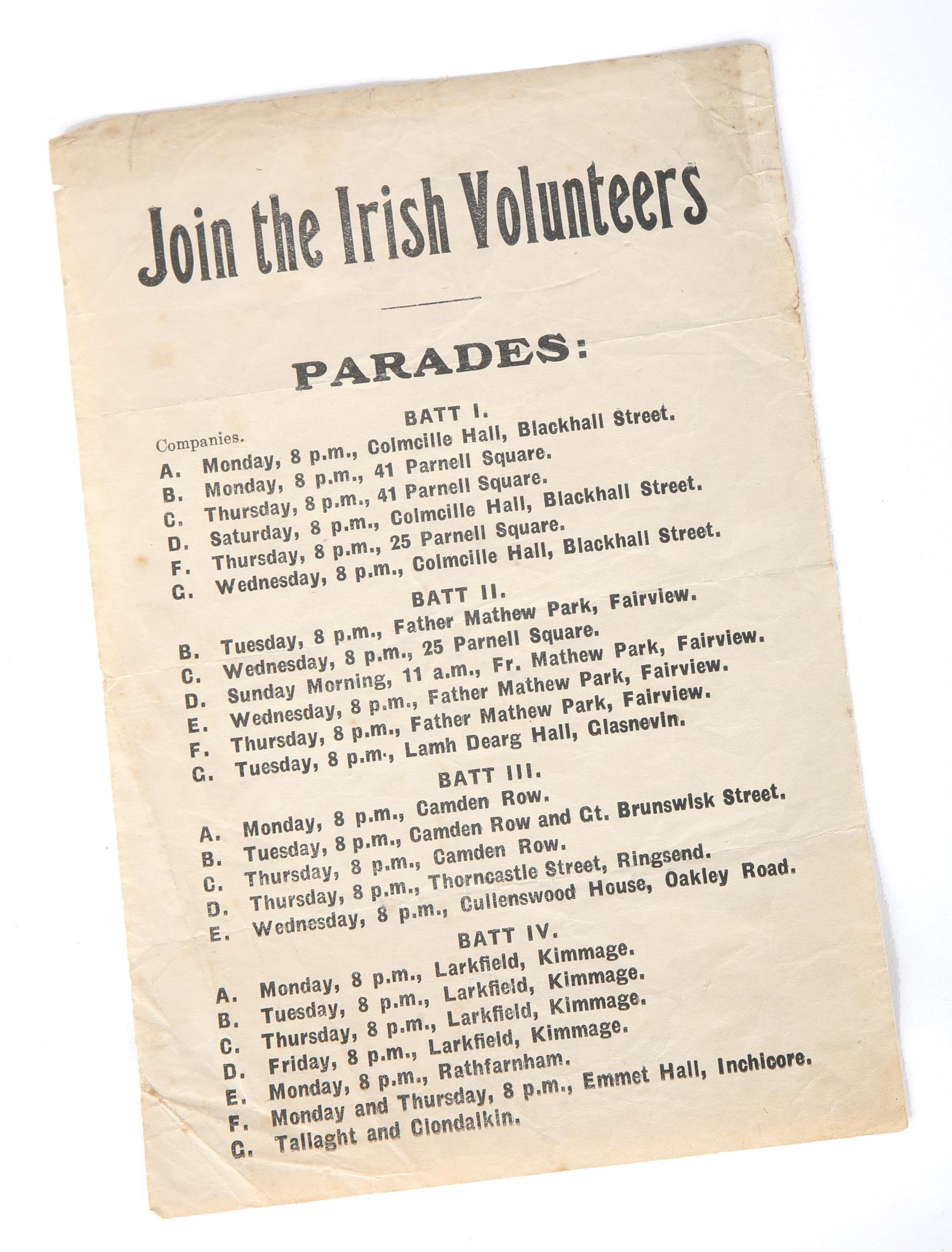 1913-1916 Irish Volunteers' recruiting handbill. A one-page, octavo, letterpress printed handbill,