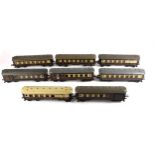 Hornby O Gauge eight 2/3 Pullman coaches, Niobe, poor; Arcadia (2) good; Loraine (2), fair-good;