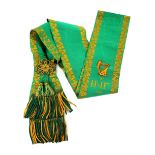 Irish National Foresters sash. A green poplin sash, the borders embroidered with gold shamrock and
