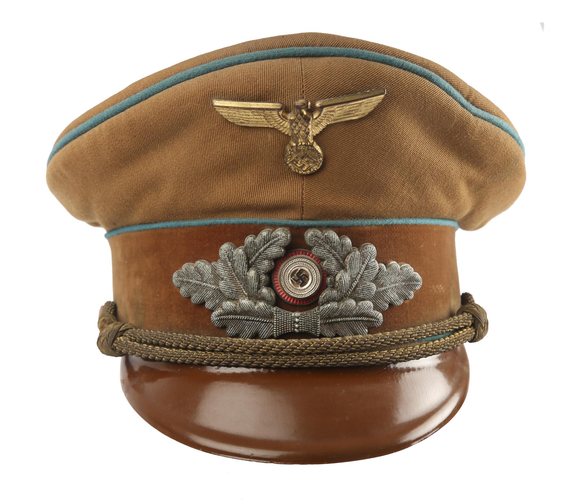 1933-45 German NSDAP Political Leader's visor cap, of tan coloured cloth with blue piping, brown - Image 2 of 5